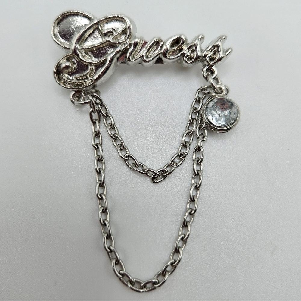 VINTAGE Guess Silver Tone Logo Chain and Rhinestone Detail Brooch Pin